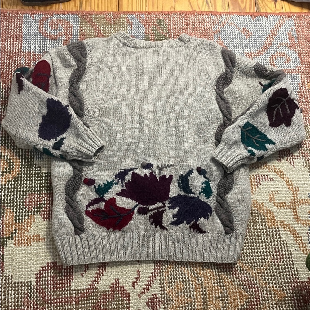 Vintage Norm Thompson Wool Leaf Design Grey Sweater Size L - Picture 7 of 7